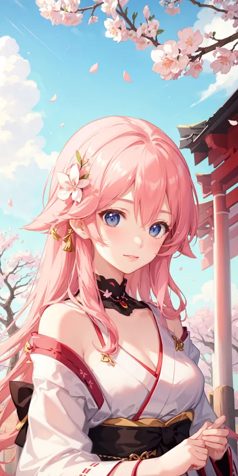 (masterpiece, finely detailed beautiful eyes: 1.2), ultra-detailed, illustration, 1girl, miko, japanese clothes, cherry blossoms, torii, street full of cherry blossoms, detailed background, realistic, volumetric light, sunbeam, light rays, sky, cloud,