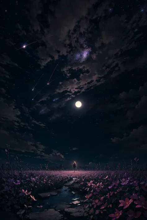 expansive landscape photograph , (a view from below that shows sky above and open field below), a girl standing on flower field looking up, (full moon:1.2), ( shooting stars:0.9), (nebula:1.3), distant mountain, tree BREAK production art, (warm light source:1.2), (Firefly:1.2), lamp, lot of purple and orange, intricate details, volumetric lighting BREAK (masterpiece:1.2), (best quality), 4k, ultra-detailed, (dynamic composition:1.4), highly detailed, colorful details,( iridescent colors:1.2), (glowing lighting, atmospheric lighting), dreamy, magical, (solo:1.2)
