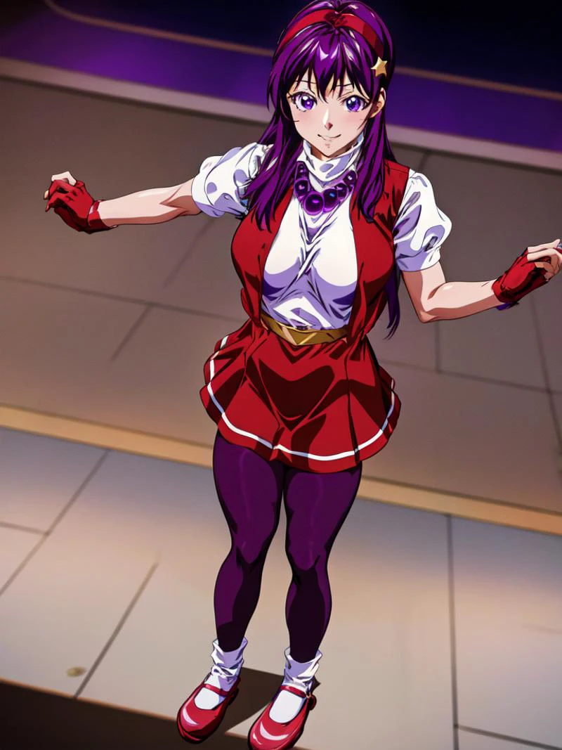 1girl,solo,blurry_background,looking_at_viewer,standing on the stage,
<lora:maria_owens:1> ,athena97,star_hair_ornament,purple_hair,red_hairband,(deep red pantyhose:1.2),turtleneck,white_shirt,red_vest,fingerless_gloves,medium_breasts,(mary_janes _shoes:1.2),white_socks,purple_sphere_necklace,purple_eyes,skirt,
<lora:bb-style:0.35>
<lora:Style_1990sAnimeStyleLora_1:0.15>
