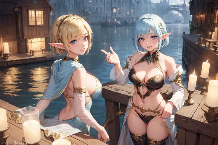 (masterpiece, sidelighting, finely detailed beautiful eyes: 1.2), female elf alchemist standing at the docks, grinning manically with messy short hair,