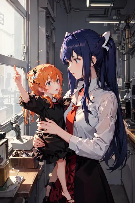 evangelion, love and pride, god`s touching, 1lady, (((masterpiece))), akimbo, soul maiden, entropy, science, bright mulitcolored orange-blue hair, shinigami, point, influence, superior, industrial, genshin impact, creation. cutie, fate, young mother with her daughter, humankind, laboratory, red velvet, intricate clothing,
