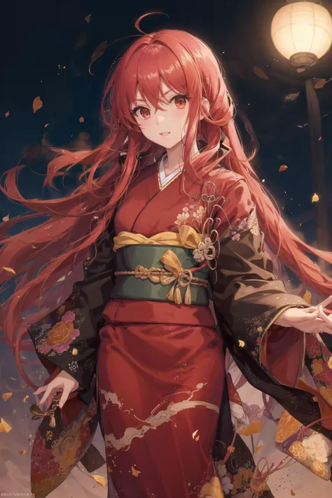 1girl, solo, <lora:ShanaLORA-06:1>, Shana, red hair, red eyes,kimono,yukata, night, cowboy shot,