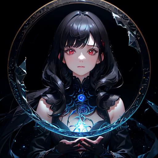 (masterpiece, best quality, ultra-detailed, best shadow), (detailed background,dark fantasy), (beautiful detailed face), high contrast, (best illumination, an extremely delicate and beautiful), ((cinematic light)), colorful, hyper detail, dramatic light, intricate details, (1 girl, solo,black hair, sharp face,low twintails,red eyes, hair between eyes,dynamic angle), blood splatter, swirling black light around the character, depth of field,black light particles,(broken glass),magic circle,