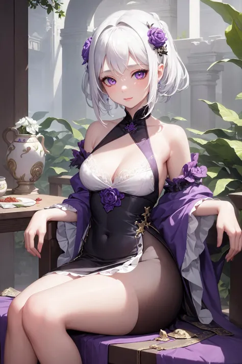(masterpiece, sidelighting, finely detailed beautiful eyes: 1.2), 1girl, white hair, purple eyes, dress,