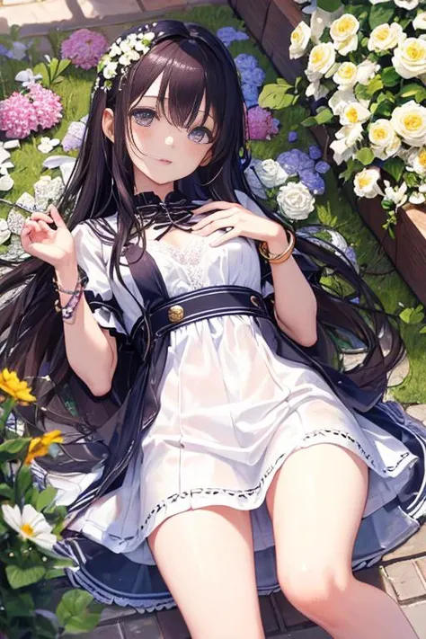 (Best Quality:1.4),Solo,(PhotoRealistic:1),( beautiful detailed eyes, symmetric eyes,),<lora:misakinakamura:0.3>Long hair,Bangs,<lora:ruffled dress v4.3:0.7>,rfdrss,Bracelets,Lace Trimmed,Short Sleeves,Short Dress,SunShine,Flowers,Thigh,Breasts,<lora:detail_slider_v4:1>,