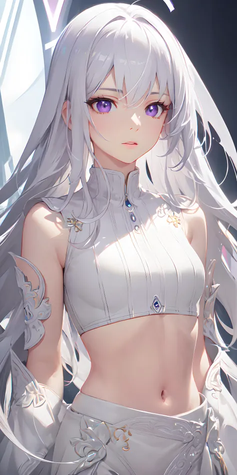 highres, highest quallity, illustration, cinematic light, ultra detailed, detailed face, (detailed eyes), best quality, hyper detailed, masterpiece, (detailed face), white hair, purple eyes, highest details, luminous eyes, medium breats, black halo, white clothes, backlighting, (midriff:1.4), light rays, (high contrast), (colorful),