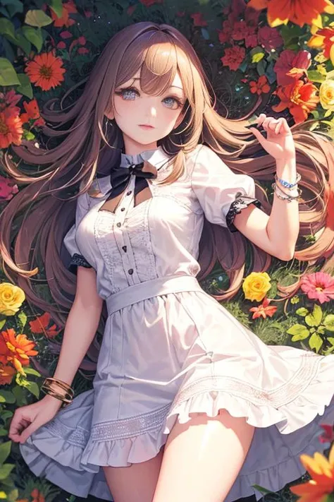 (Best Quality:1.4),Solo,(PhotoRealistic:1),( beautiful detailed eyes, symmetric eyes,),<lora:misakinakamura:0.3>Long hair,Bangs,<lora:ruffled dress v4.3:0.7>,rfdrss,Bracelets,Lace Trimmed,Short Sleeves,Short Dress,SunShine,Flowers,Thigh,Breasts,<lora:detail_slider_v4:1>,