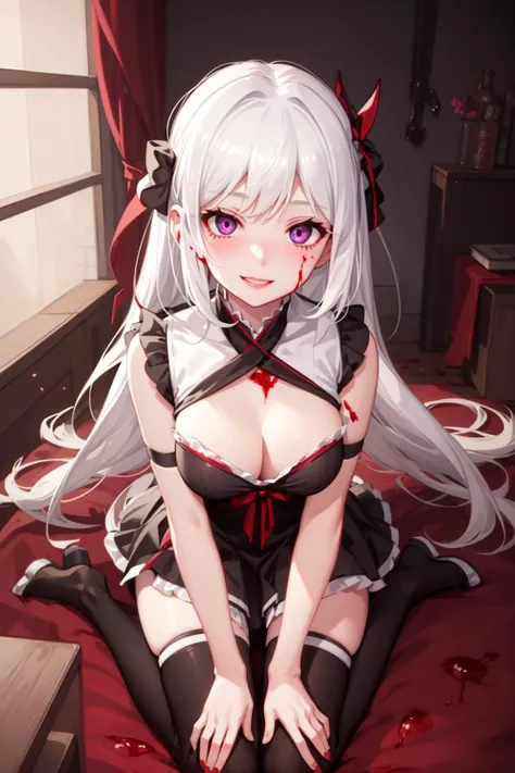 1girl, (yandere:1.4), (yandere trance:1.4), crazy, blood on face, backlighting, looking at viewer, white hair, purple eyes, blush, smile, yandere simulator,