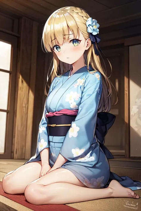 masterpiece, best quality, absurdres, 1girl, solo, ZenaMarienteil, long hair, indoors, kimono, hair flower, floral print, wariza, sitting, hands on own knees, <lora:ZenaMarienteil-06:0.8>
