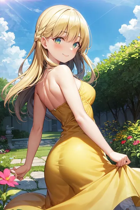 masterpiece, best quality, absurdres, 1girl, solo, ZenaMarienteil, long hair, bangs, from behind, sundress, yellow sundress, garden, day, sunshine, smile, looking back, <lora:ZenaMarienteil-06:0.8>