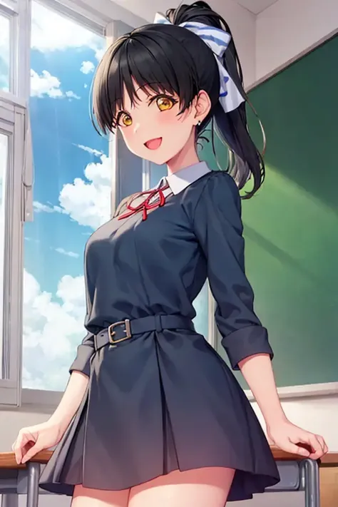 _ren_, (8k, RAW photo, best quality, masterpiece:1.2), <lora:ren_v1-000011:1>,
1girl, solo,  short hair,  cuff, (Beatrice),
(illustration:1.1),(best quality),(masterpiece:1.1),(beautiful and clear background:1.25),(extremely detailed CG unity 8k wallpaper:1.1), (colorful:0.9),(depth of field:0.75),( ink splashing:0.95),(color splashing:0.85),(watercolor:0.65),
(cowboy shot:1.4),blue (school uniform:1.4), :d,  dress, earrings,looking_at_viewer, neck_ribbon, smile,
classroom, indoor, sunny, detailed blue sky