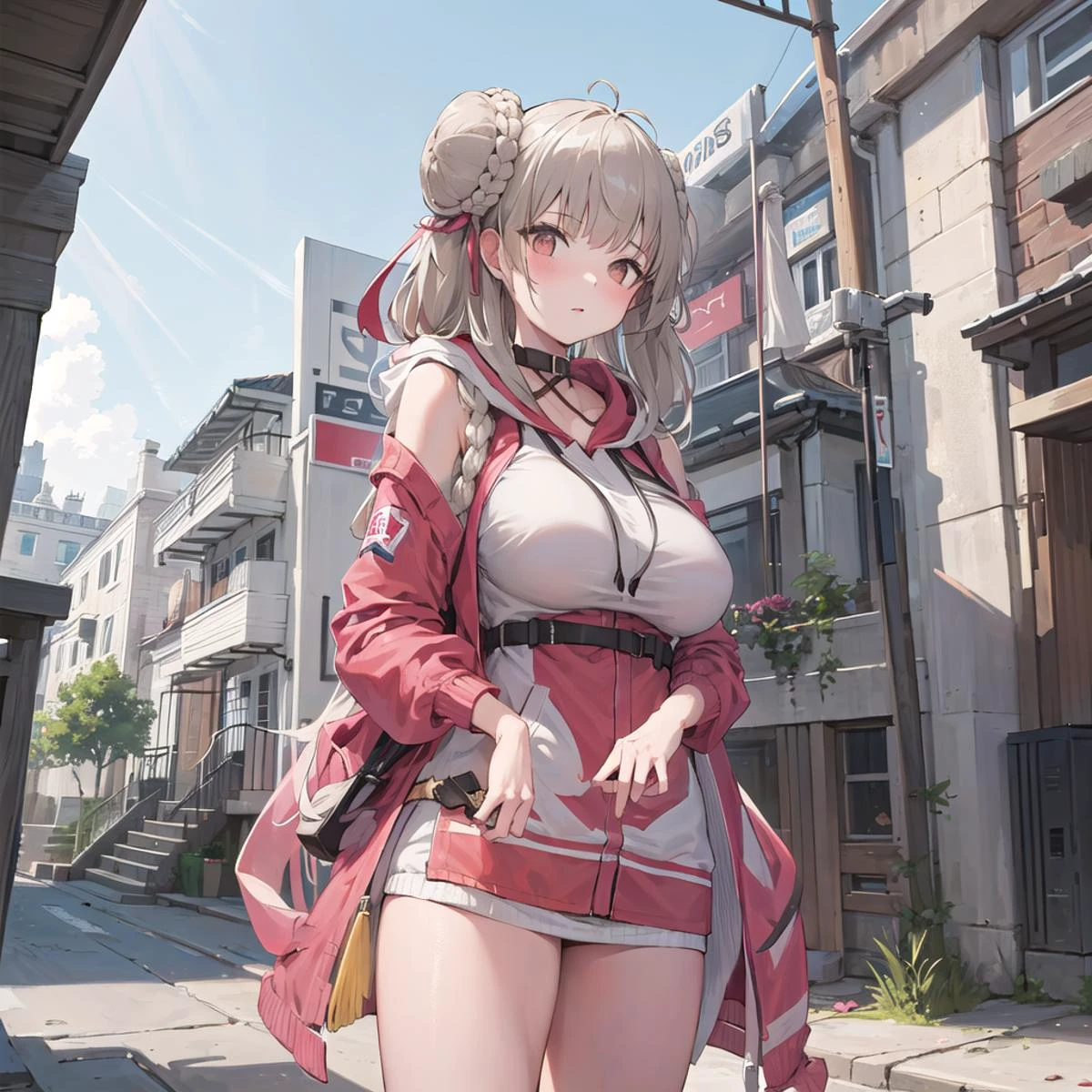 masterpiece,high quality,1girl,(hoodie:1.3),large breasts,outdoors,street,building, cowboy shot,