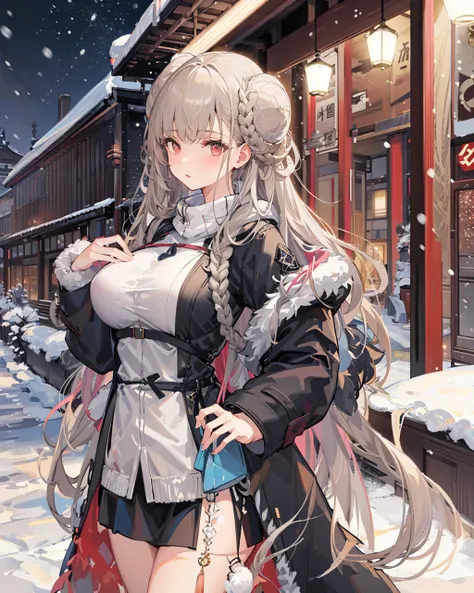 1girl,(winter coat:1.3),large breasts,  <lora:FormidableSwimsuit[formidableswim,blue_bikini]V1-000004:0.8>,outdoors,east asian architecture, cowboy shot, snowing