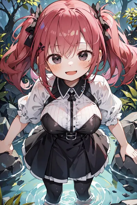 (masterpiece, best quality:1.3), 1girl, large breasts, morning, river, water, forest, halterneck, standing, two side up, maroon hair, black eyes, happy tear, smile, happy,