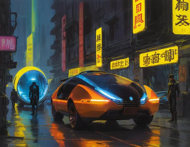 <lora:syme:0.5>syme, street, people, retrofuturistic cars, woman in glowing pod, chinese text, cyberpunk