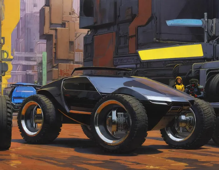 <lora:syme:0.8>syme, retrofuturistic car, cyberpunk street, people, offroad tires