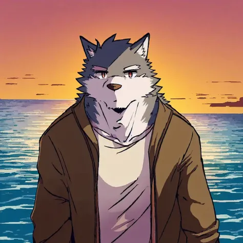 anthro, solo, mammal, male, topwear, clothing, fur, looking at viewer, canid, canine, visual novel, clothed, canis, hi res, detailed background,wolf,kemono, ocean, sunset, flower, <lyco:004rockV4.1-000019:0.8>