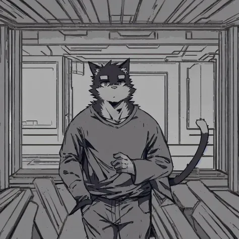 anthro, solo, mammal, male, topwear, clothing, fur, looking at viewer, canid, canine, visual novel, clothed, canis, hi res, detailed background,(cat:1.5),black fur,kemono, <lyco:004rockV4.1-000019:1.0>