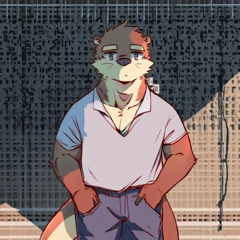anthro, solo, mammal, male, topwear, clothing, fur, looking at viewer, canid, canine, visual novel, clothed, canis, hi res, detailed background,(otter:1.5),kemono, <lyco:004rockV4.1-000019:1.0>