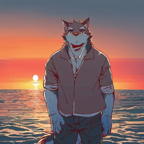 anthro, solo, mammal, male, topwear, clothing, fur, looking at viewer, canid, canine, visual novel, clothed, canis, hi res, detailed background,wolf,kemono, ocean, sunset, flower, <lyco:004rockV4.1-000019:0.8>