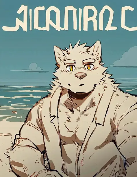 kemono,by canyne khai,by milkytiger1145,by takemoto arashi,by null-ghost,
[(sketch:1.25):0.25],cover art,anthro, solo, mammal, male, fur,  looking at viewer, canid, canine, visual novel,canis, hi res, detailed background,wolf,kemono,  ocean, topwear,  white fur,yellow eyes, <lyco:004rockV4.1-000019:2LoHa_MID0>
