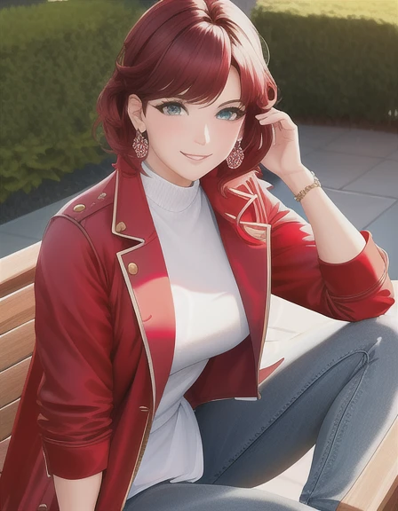 masterpiece, best quality, 1girl, 3d, (Semi-Real), 4k, HD, ((Semi-Realism)), ((beautiful semi-realistic)) girl, Muscles, sexy muscles, beautiful girl, pretty, gorgeous, sexy, hot, Ambient light, Ambient Occlusion, high details, intricate details, Red Short Hair, Boys cut, tomboy, looking at viewer, blushing, casual clothes, (red jacket), sitting besides the viewer, cute, adorable, horny