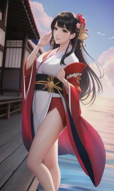 1girl, black_hair, blue_sky, blunt_bangs, cloud, Clean_sky, beautiful sjy, horizon, long_hair, ocean, walking on clean water, outdoors, ripples, sky, solo, standing, water reflection, masterpiece, best quality, 1girl, Real, 4k, HD, Semi realism, full body, Realistic, beautiful semi realistic girl, sexy, beautiful girl, pretty, gorgeous, sexy, Ambient light, Ambient Occlusion, color harmony, gradient, high details, intricate details, Spotlight, Focus light in a particular spot, abstract, serene, long kimono, sexy kimono, red kimono with golden lining, beautiful japanese accessories, black heels, sexy heels