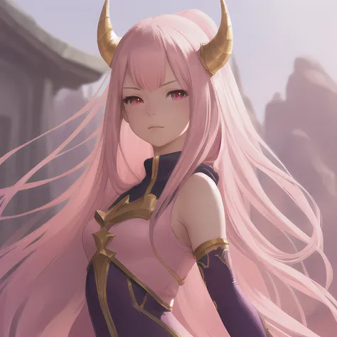 a (highly detailed) illustration of cute smug pink haired pale girl with curved horns wearing oversized pink hoodie, portrait, (whole body), elegant, (blurred background), highly detailed, centered, (daylight), character design, cushart krenz, concept art, smooth, sharp focus, league of legends, realistic.