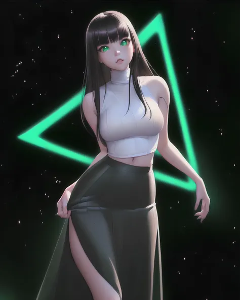 (Beautiful woman, symmetric portrait, triangle neon light background:1.2) (Green Shiny Eyes, brunette, messy long hair, Black long skirt, white turtleneck, thick thighs, Narrow waist, Wide hips, grown up, Athletic, Feminine, Fully clothed, playful expression:1.2) photo, render, 8k, octane render, cinema 4d, blender, Futuristic star trek style, dark, atmospheric 4k ultra detailed, cinematic sensual, Sharp focus, humorous illustration, hyperrealistic, big depth of field, Masterpiece, colors, 3d octane render, 4k, concept art, trending on artstation, solo, full body shot (hyperrealistic, Hyperdetailed, Vivid colors, Wlop, stanley artgerm lau:1.5)