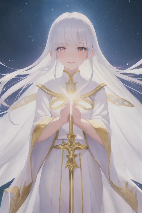 photorealistic photo, beautiful magical girl, white fairy shirt with gold trim, white robe fluttering in the wind, long white hair, fully clothed, perfect face, beautiful, (perfect composition: 1. 4), detailed face and body, award-winning photography , fields, detailed face, detailed hands, lighting, intense gaze, looking at the viewer, cinematic lighting, embers, fantasy background, action pose, arms raised 90 degrees, holding a small wand, water splashes, foggy haze, happy, holy maiden, saint, faux traditional media, praying, palms folded, perfect hands