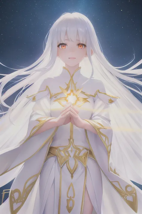 photorealistic photo, beautiful magical girl, white fairy shirt with gold trim, white robe fluttering in the wind, long white hair, fully clothed, perfect face, beautiful, (perfect composition: 1. 4), detailed face and body, award-winning photography , fields, detailed face, detailed hands, lighting, intense gaze, looking at the viewer, cinematic lighting, embers, fantasy background, action pose, arms raised 90 degrees, holding a small wand, water splashes, foggy haze, happy, holy maiden, saint, faux traditional media, praying, palms folded, perfect hands