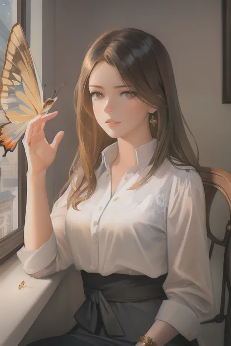 Style-Empire, 8k portrait of beautiful young woman with brown hair, intricate, elegant, highly detailed, majestic, digital photography, art by artgerm ruan jia and greg rutkowski surreal wet paint gold butterfly filigree, broken glass