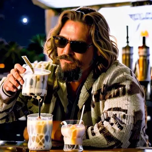 (((a man drinking white russian at a bar at night))) <lora:TheDudeLora:0.8> facial hair, beard, 1boy, male focus, realistic, mustache, brown hair, manly, sharpen picture, Highly detailed, masterpiece, best quality, photorealistic, sunglasses