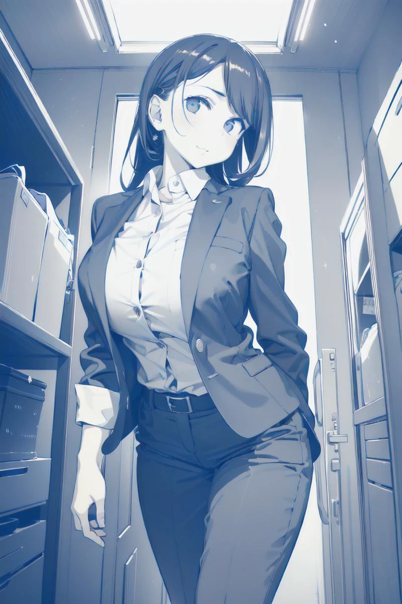 masterpiece, best quality, digital art, drawn art, 1girl, monochrome colour range, full body in view, from the front, looking at viewer, large breasts, office suit, perfect face, long hair, darker ambience <lora:himurakisekiV2:1> <lora:epiNoiseoffset_v2:1>