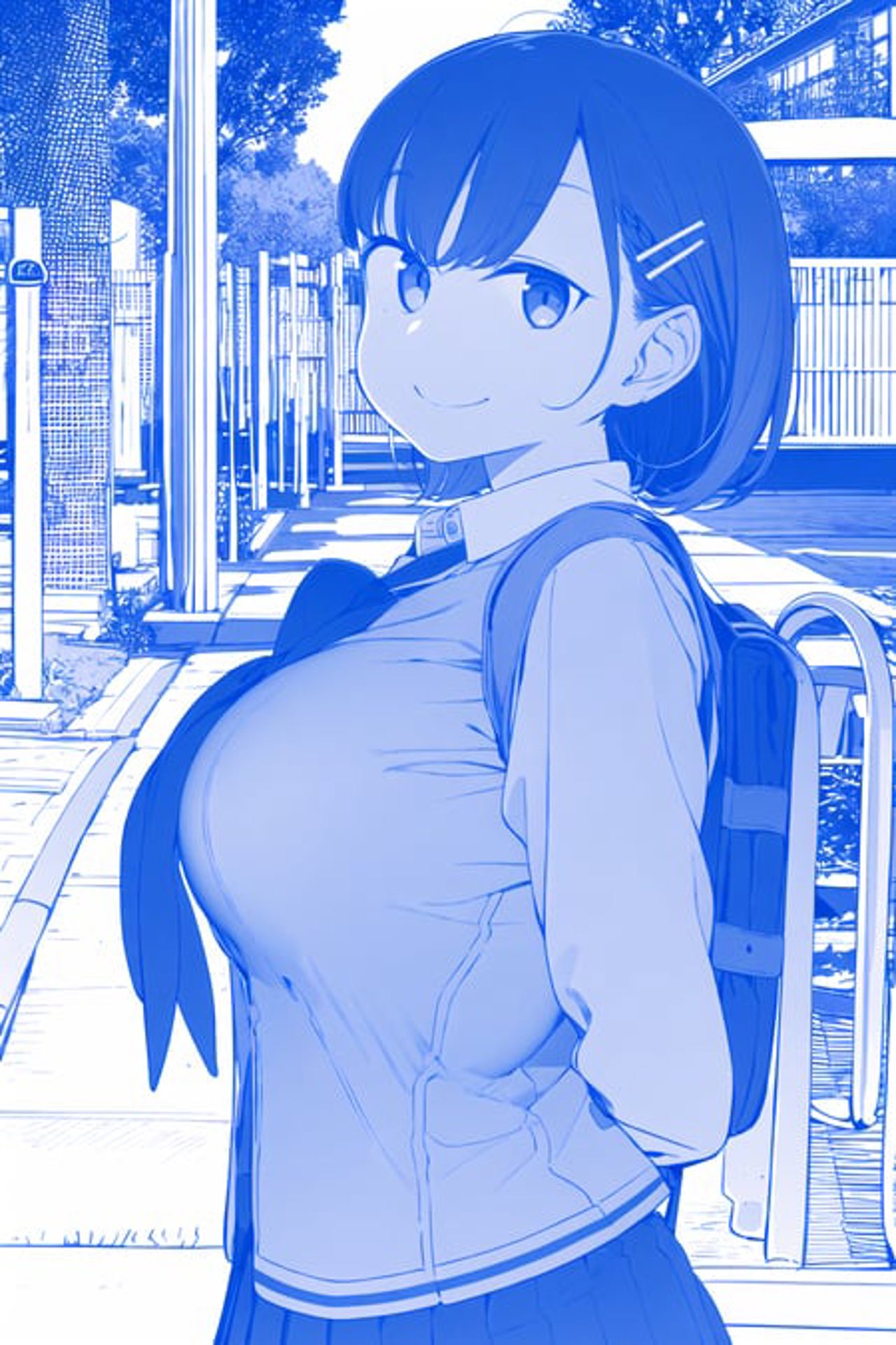 Anime girl with backpack standing on sidewalk in front of fence - SeaArt AI