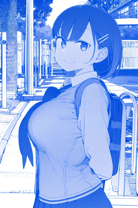 masterpiece, best quality, 1girl, (((breast focus))), ((pretty eyes)), gloves, hair ornament, school uniform, looking at viewer, solo, breasts, from side, school uniform, hands arms behind back, school bag, evil smile,
<lora:himurakisekiV2:1>, (((monochrome))), blue lines, breasts, lineart,