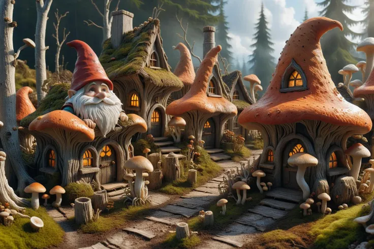 Widescreen panoramic photograph of Gnome ral-mycelium village, hyperrealistic dreamland gnome village, mycelium texture, weathered wood, cracked roof tiles, rusted , decay ,overgrown vines, dark forest ral-mycelium style, ray of sunlight ral-mycelium line the road, <lora:EnvyDreamlandsXL01-adamw:0.8> <lora:ral-mycelium:0.8> ral-mycelium <lora:XmasGnome:0.8> xmasgnome all over the village fixing building eating