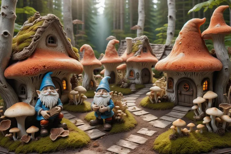 Widescreen panoramic photograph of Gnome ral-mycelium village, hyperrealistic dreamland gnome village, mycelium texture, weathered wood, cracked roof tiles, rusted , decay ,overgrown vines, dark forest ral-mycelium style, ray of sunlight ral-mycelium line the road, <lora:EnvyDreamlandsXL01-adamw:0.8> <lora:ral-mycelium:0.8> ral-mycelium <lora:XmasGnome:0.8> xmasgnome all over the village fixing building eating