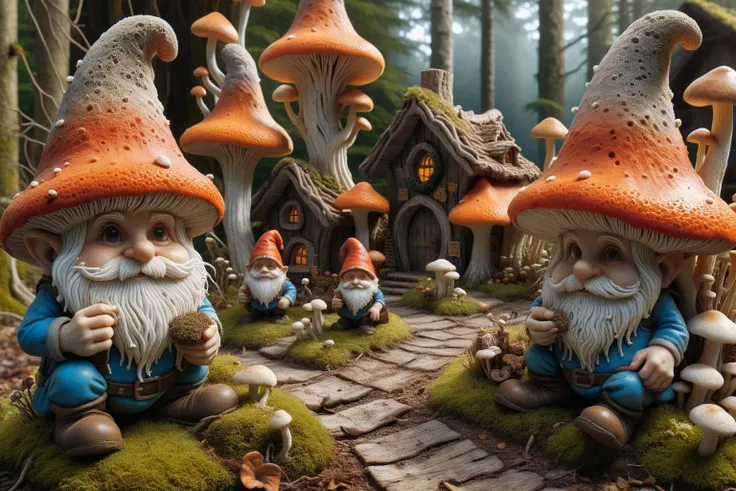 Widescreen panoramic photograph of Gnome ral-mycelium village, hyperrealistic dreamland gnome village, mycelium texture, weathered wood, cracked roof tiles, rusted , decay ,overgrown vines, dark forest ral-mycelium style, ray of sunlight ral-mycelium line the road, <lora:EnvyDreamlandsXL01-adamw:0.8> <lora:ral-mycelium:0.8> ral-mycelium <lora:XmasGnome:0.8> xmasgnome all over the village fixing building eating