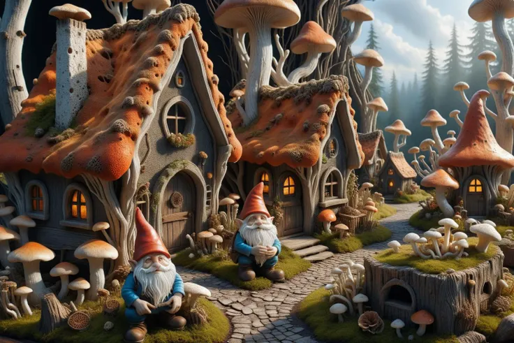 Widescreen panoramic photograph of Gnome ral-mycelium village, hyperrealistic dreamland gnome village, mycelium texture, weathered wood, cracked roof tiles, rusted , decay ,overgrown vines, dark forest ral-mycelium style, ray of sunlight ral-mycelium line the road, <lora:EnvyDreamlandsXL01-adamw:0.8> <lora:ral-mycelium:0.8> ral-mycelium <lora:XmasGnome:0.8> xmasgnome all over the village fixing building eating