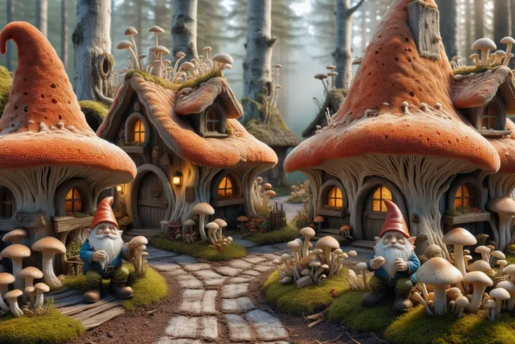 Widescreen panoramic photograph of Gnome ral-mycelium village, hyperrealistic dreamland gnome village, mycelium texture, weathered wood, cracked roof tiles, rusted , decay ,overgrown vines, dark forest ral-mycelium style, ray of sunlight ral-mycelium line the road, <lora:EnvyDreamlandsXL01-adamw:0.8> <lora:ral-mycelium:0.8> ral-mycelium <lora:XmasGnome:0.8> xmasgnome all over the village fixing building eating