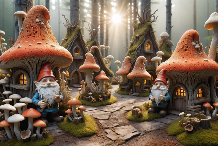 Widescreen panoramic photograph of Gnome ral-mycelium village, hyperrealistic dreamland gnome village, mycelium texture, weathered wood, cracked roof tiles, rusted , decay ,overgrown vines, dark forest ral-mycelium style, ray of sunlight ral-mycelium line the road, <lora:EnvyDreamlandsXL01-adamw:0.8> <lora:ral-mycelium:0.8> ral-mycelium <lora:XmasGnome:0.8> xmasgnome all over the village fixing building eating