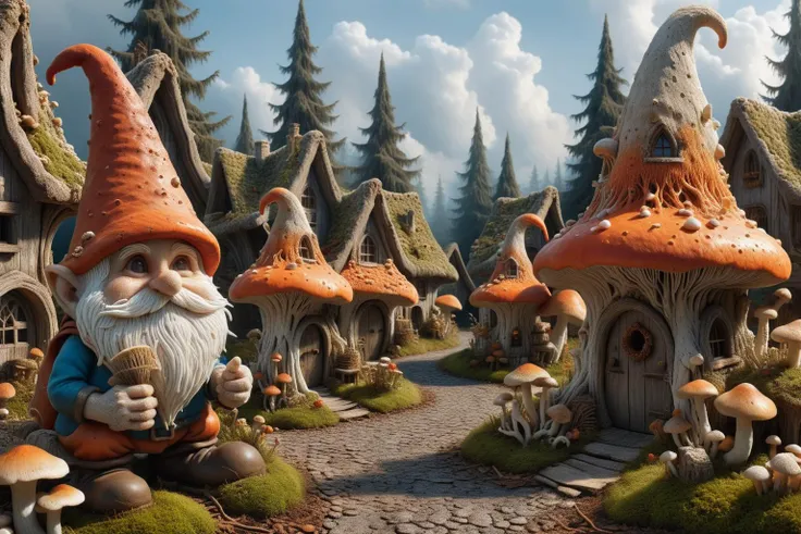 Widescreen panoramic photograph of Gnome ral-mycelium village, hyperrealistic dreamland gnome village, mycelium texture, weathered wood, cracked roof tiles, rusted , decay ,overgrown vines, dark forest ral-mycelium style, ray of sunlight ral-mycelium line the road, <lora:EnvyDreamlandsXL01-adamw:0.8> <lora:ral-mycelium:0.8> ral-mycelium <lora:XmasGnome:0.8> xmasgnome all over the village fixing building eating