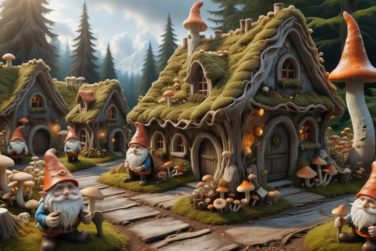 Widescreen panoramic photograph of Gnome ral-mycelium village, hyperrealistic dreamland gnome village, mycelium texture, weathered wood, cracked roof tiles, rusted , decay ,overgrown vines, dark forest ral-mycelium style, ray of sunlight ral-mycelium line the road, <lora:EnvyDreamlandsXL01-adamw:0.8> <lora:ral-mycelium:0.8> ral-mycelium <lora:XmasGnome:0.8> xmasgnome all over the village fixing building eating