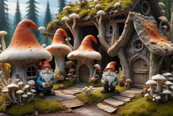 Widescreen panoramic photograph of Gnome ral-mycelium village, hyperrealistic dreamland gnome village, mycelium texture, weathered wood, cracked roof tiles, rusted , decay ,overgrown vines, dark forest ral-mycelium style, ray of sunlight ral-mycelium line the road, <lora:EnvyDreamlandsXL01-adamw:0.8> <lora:ral-mycelium:0.8> ral-mycelium <lora:XmasGnome:0.8> xmasgnome all over the village fixing building eating