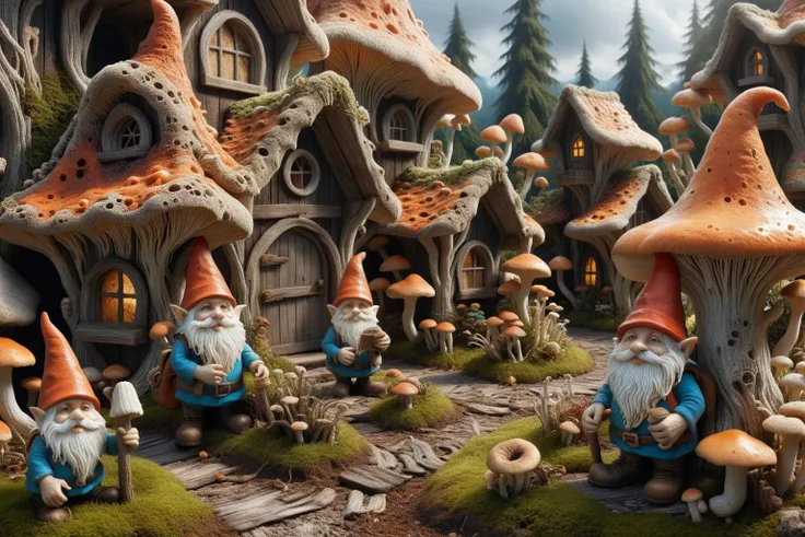 Widescreen panoramic photograph of Gnome ral-mycelium village, hyperrealistic dreamland gnome village, mycelium texture, weathered wood, cracked roof tiles, rusted , decay ,overgrown vines, dark forest ral-mycelium style, ray of sunlight ral-mycelium line the road, <lora:EnvyDreamlandsXL01-adamw:0.8> <lora:ral-mycelium:0.8> ral-mycelium <lora:XmasGnome:0.8> xmasgnome all over the village fixing building eating