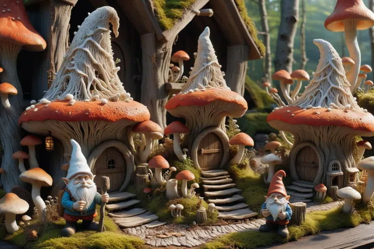 Widescreen panoramic photograph of Gnome ral-mycelium village, hyperrealistic dreamland gnome village, mycelium texture, weathered wood, cracked roof tiles, rusted , decay ,overgrown vines, dark forest ral-mycelium style, ray of sunlight ral-mycelium line the road, <lora:EnvyDreamlandsXL01-adamw:0.8> <lora:ral-mycelium:0.8> ral-mycelium <lora:XmasGnome:0.8> xmasgnome all over the village fixing building eating