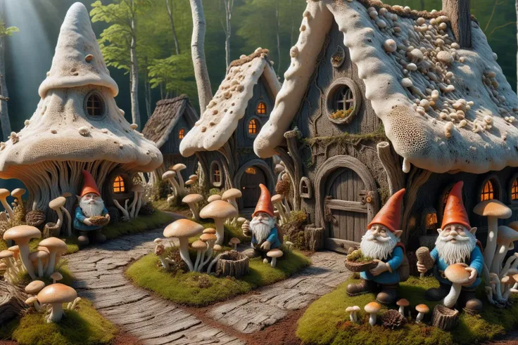 Widescreen panoramic photograph of Gnome ral-mycelium village, hyperrealistic dreamland gnome village, mycelium texture, weathered wood, cracked roof tiles, rusted , decay ,overgrown vines, dark forest ral-mycelium style, ray of sunlight ral-mycelium line the road, <lora:EnvyDreamlandsXL01-adamw:0.8> <lora:ral-mycelium:0.8> ral-mycelium <lora:XmasGnome:0.8> xmasgnome all over the village fixing building eating