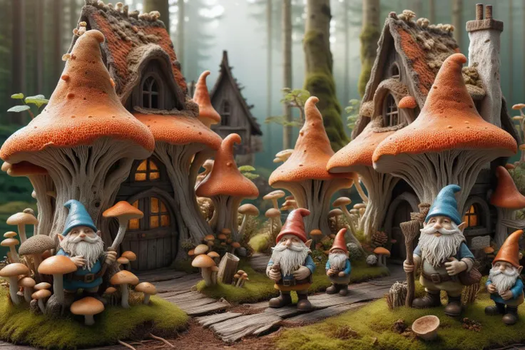 Widescreen panoramic photograph of Gnome ral-mycelium village, hyperrealistic dreamland gnome village, mycelium texture, weathered wood, cracked roof tiles, rusted , decay ,overgrown vines, dark forest ral-mycelium style, ray of sunlight ral-mycelium line the road, <lora:EnvyDreamlandsXL01-adamw:0.8> <lora:ral-mycelium:0.8> ral-mycelium <lora:XmasGnome:0.8> xmasgnome all over the village fixing building eating