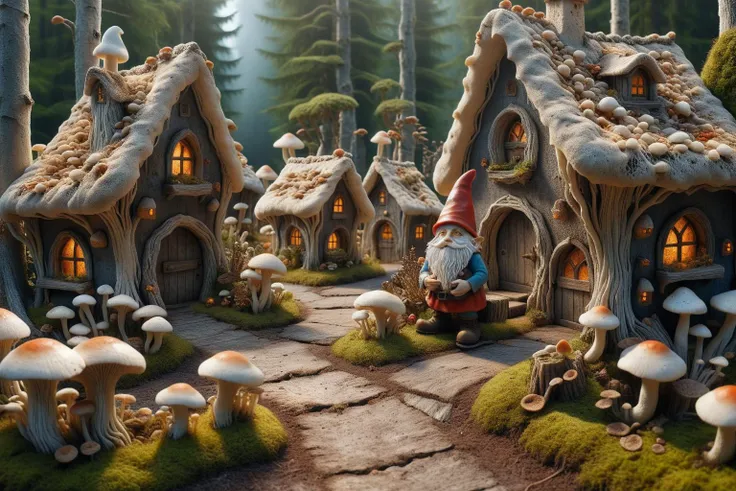 Widescreen panoramic photograph of Gnome ral-mycelium village, hyperrealistic dreamland gnome village, mycelium texture, weathered wood, cracked roof tiles, rusted , decay ,overgrown vines, dark forest ral-mycelium style, ray of sunlight ral-mycelium line the road, <lora:EnvyDreamlandsXL01-adamw:0.8> <lora:ral-mycelium:0.8> ral-mycelium <lora:XmasGnome:0.8> xmasgnome all over the village fixing building eating